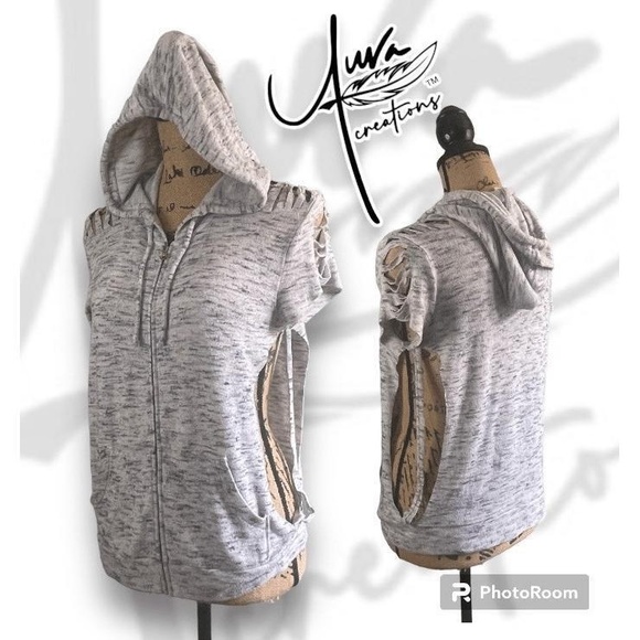 UPCYCLED Auva Creations Distressed Workout Muscle Hoodie - Picture 1 of 9